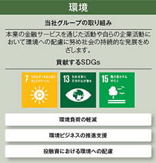 環境 本業の金融サービスを通じた活動や自らの企業活動において環境への配慮に努め社会の持続的な発展をめざします。 貢献するSDGs 環境負荷の軽減 環境ビジネスの推進支援 投融資における環境への配慮