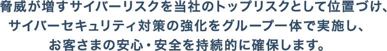 脅威が増すサイバーリスクを当社のトップリスクとして位置づけ、サイバーセキュリティ対策の強化をグループ一体で実施し、お客さまの安心・安全を持続的に確保します。